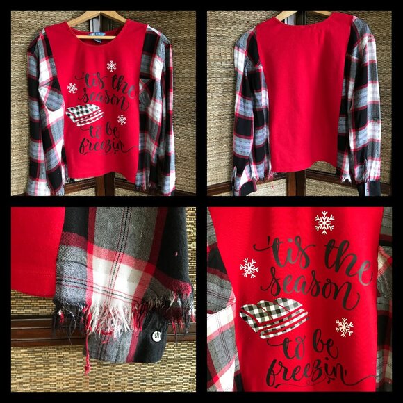 Reworked Flannel Tee, Size S-M: Upcycled Oversized Winter Graphic Sweatshirt - Picture 11 of 11